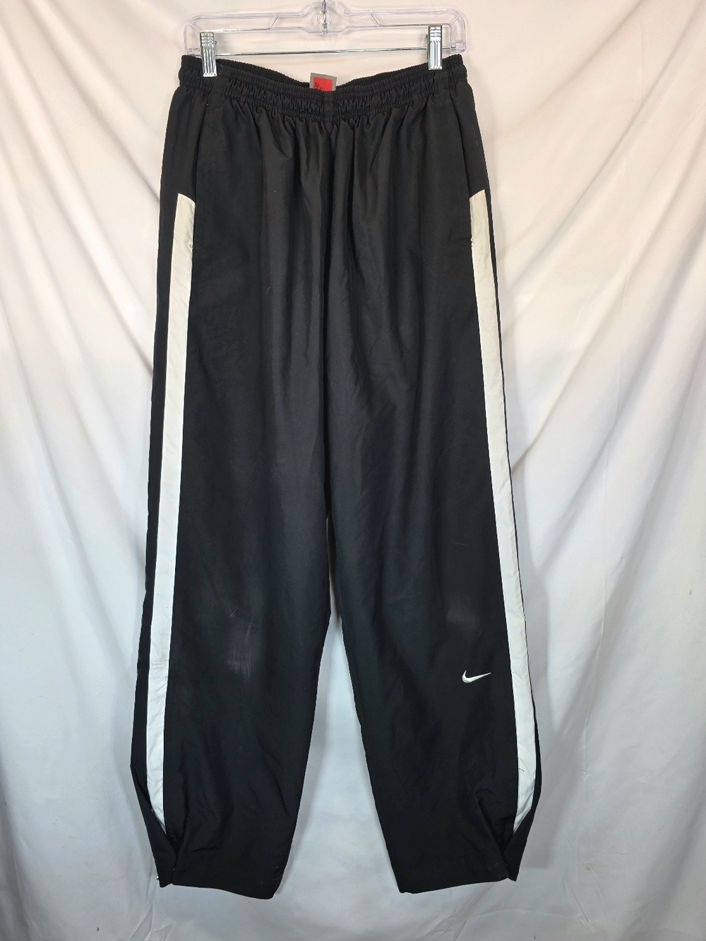 Vintage Mens Nike Track Pants Sz L Black White Striped Swoosh Nylon Baggy Y2K